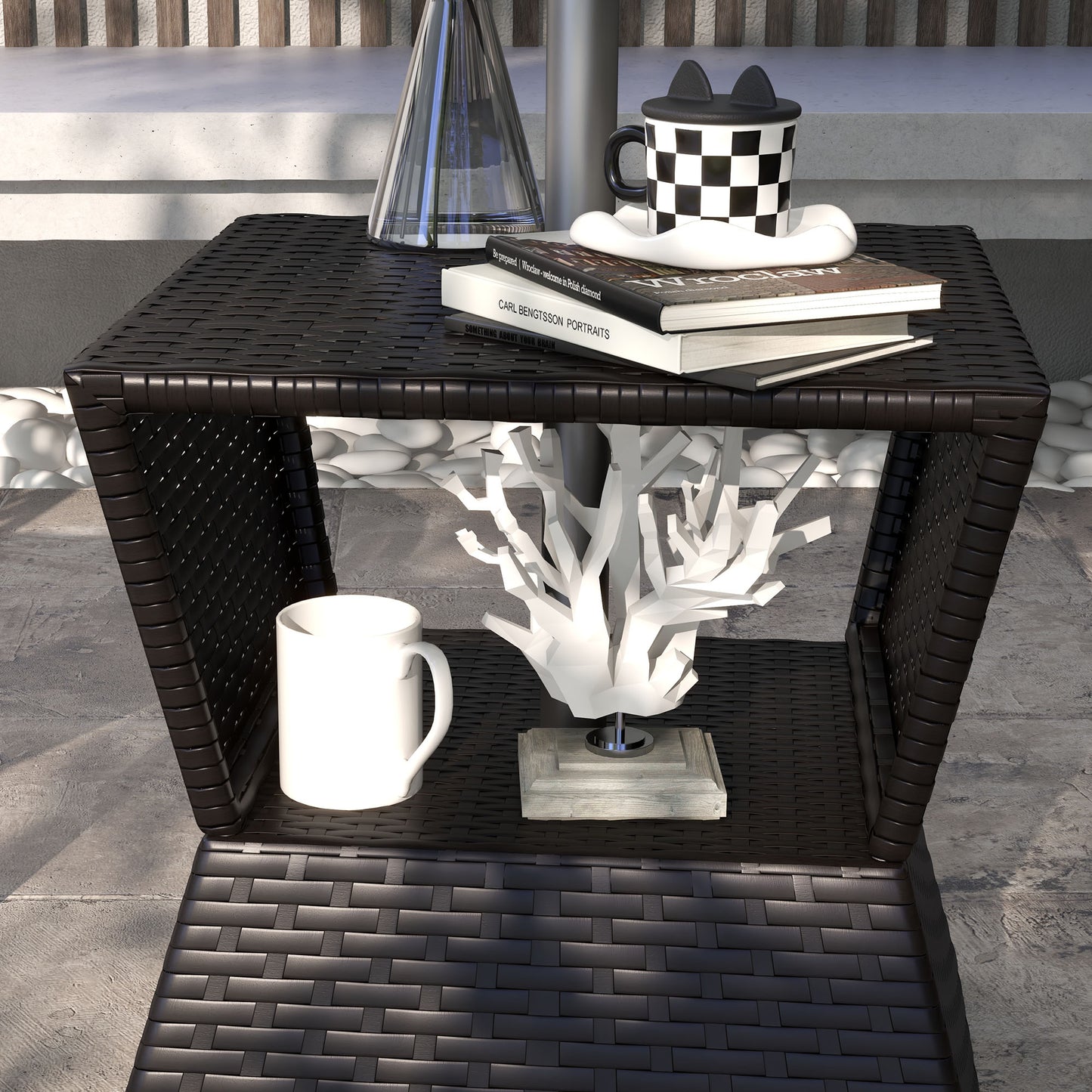 Outsunny Rattan Wicker Side Table, 21.3" Square Outdoor End Table with Umbrella Hole 2-Tier Storage for Patio Garden Mixed Brown