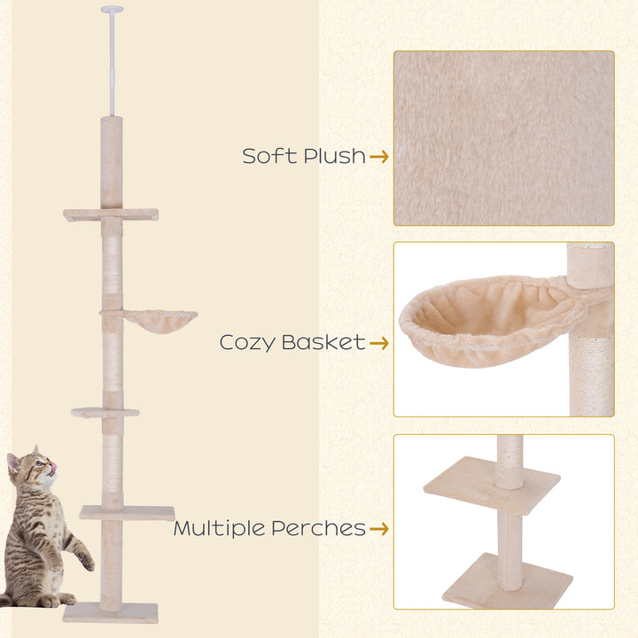PawHut 8.5ft Cat Climbing Tree 5-Tier Kitty Activity Center with Scratching Post Brown and White