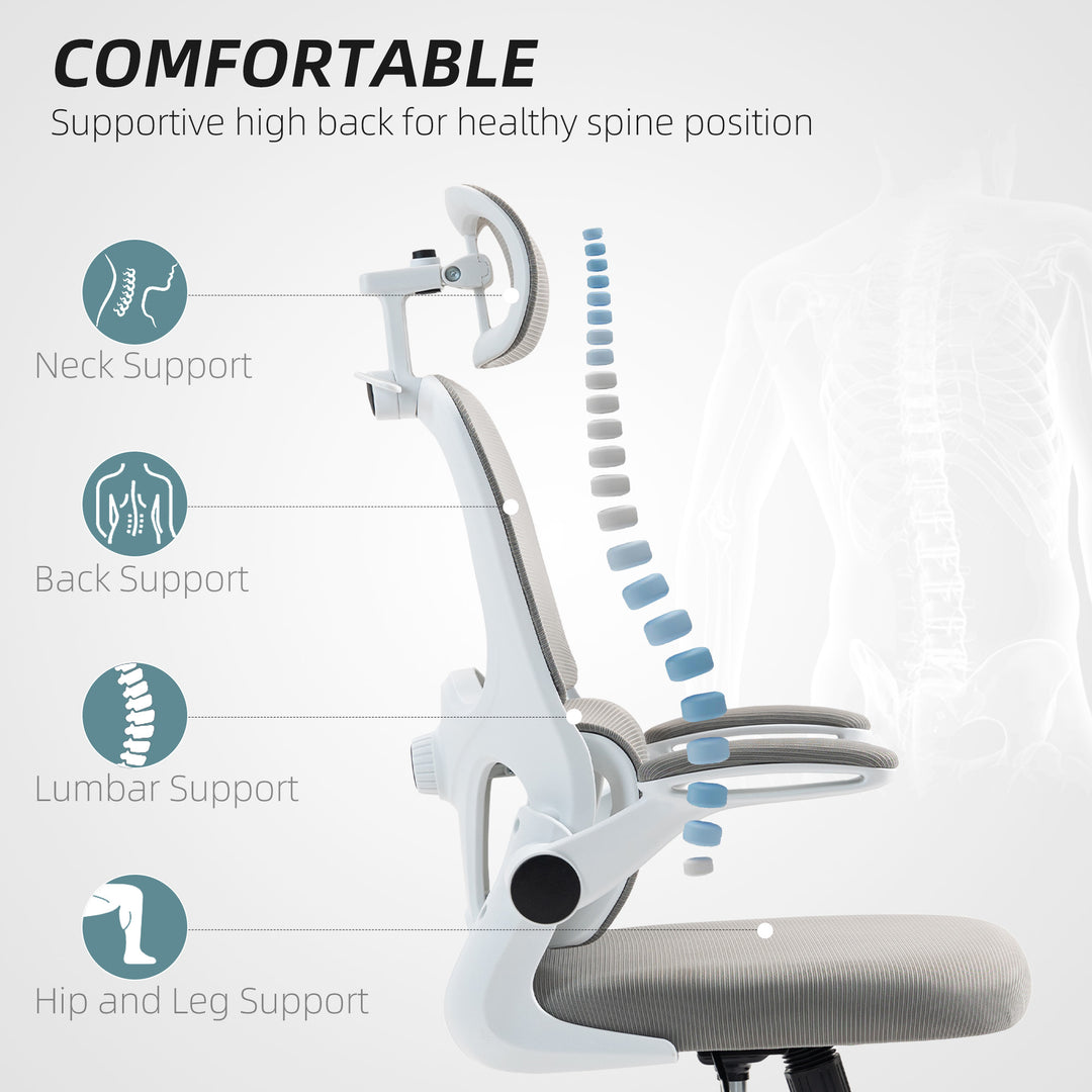 HOMCOM Mesh Office Chair, Ergonomic Desk Chair with Flip-up Armrest, Rotatable Headrest, Adjustable Lumbar Support, Black
