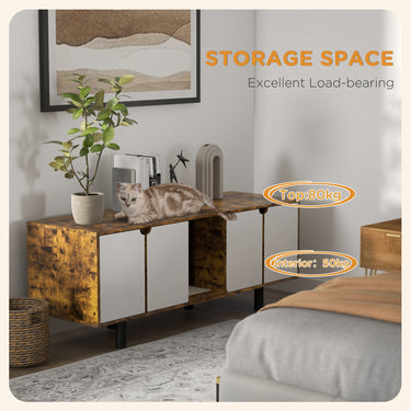 PawHut Hidden Cat Litter Box Enclosure with 2 Cabinets, Double Doors and Sand Drain Pad, Rustic Brown