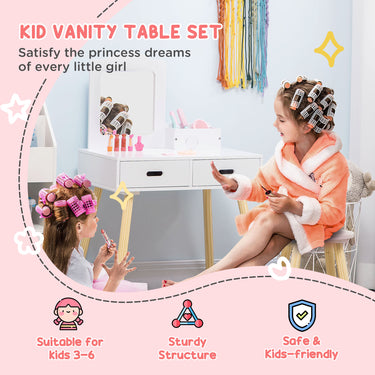 Qaba Kids Vanity Set with Mirror and Stool, Makeup Dressing Table with Drawers for Children Aged 3-6 Years, White