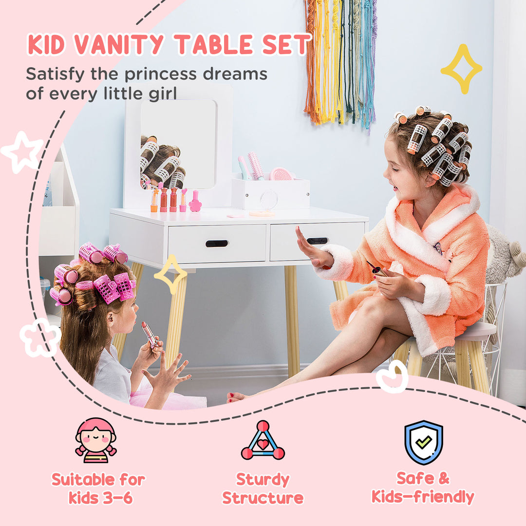 Qaba Kids Vanity Set with Mirror and Stool, Makeup Dressing Table with Drawers for Children Aged 3-6 Years, White