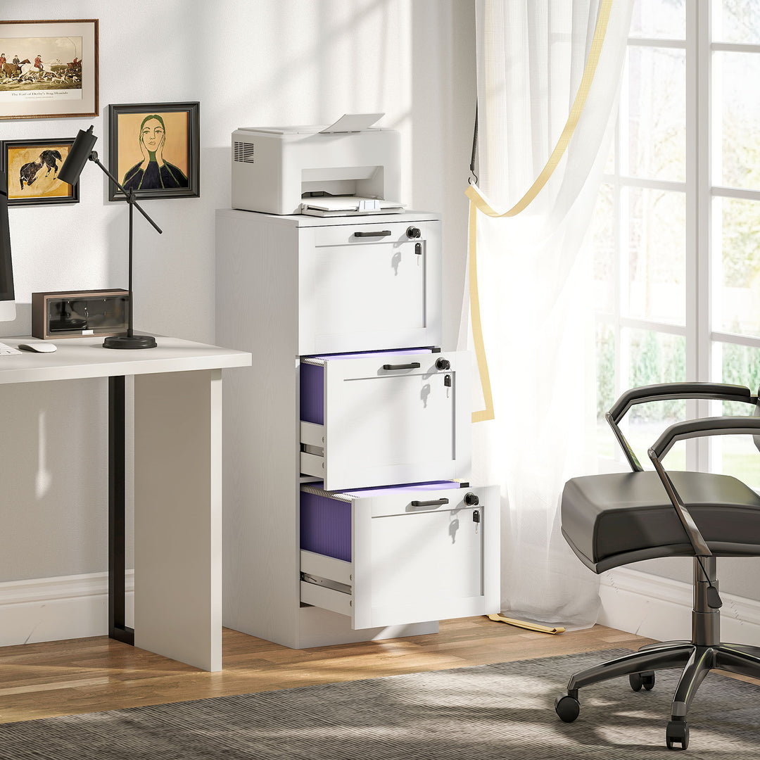 HOMCOM Vertical Filing Cabinet with 3 Drawers, Lock, File Cabinet for Home Office, A4 and Letter Size Files, White