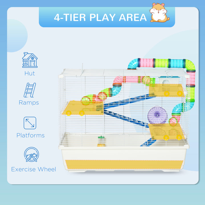 PawHut 31" Large Hamster Cage, Small Animal House, Multi-storey Gerbil Haven, Tunnel Tube System, with Water Bottle, Exercise Wheel, Food Dish, Ramps, White
