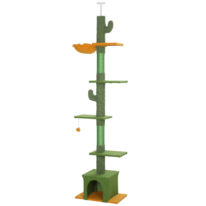 PawHut Floor to Ceiling Cat TreeTower with 90.5"-108" Adjustable Height, Scratching Posts, Hammock, Comdo, Toy Ball, Light Grey