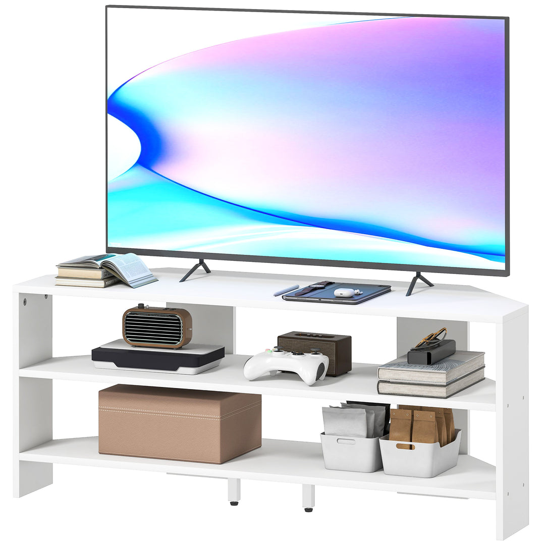 HOMCOM Corner TV Stand, Modern TV Table with 2 Open Shelves for 47 Inch TV, Entertainment Center for Living Room, White