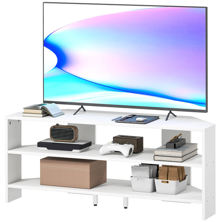 HOMCOM Corner TV Stand, Modern TV Table with 2 Open Shelves for 47 Inch TV, Entertainment Center for Living Room, White