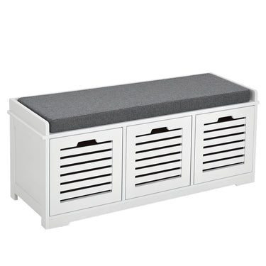 HOMCOM Upholstered Shoe Cabinet Storage Bench with Padded Cushion, with 3 drawer Enough Storage Space Bench Stool for Living Room Entryway Furniture, White