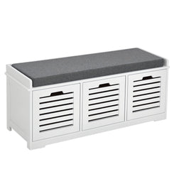 HOMCOM Upholstered Shoe Cabinet Storage Bench with Padded Cushion, with 3 drawer Enough Storage Space Bench Stool for Living Room Entryway Furniture, White