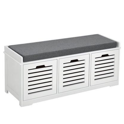 HOMCOM Upholstered Shoe Cabinet Storage Bench with Padded Cushion, with 3 drawer Enough Storage Space Bench Stool for Living Room Entryway Furniture, White