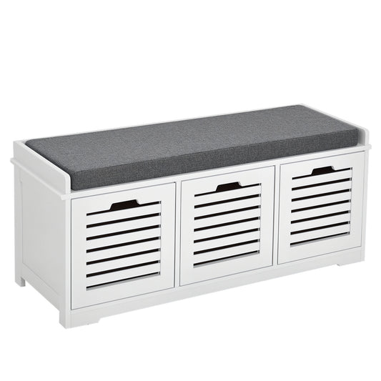 HOMCOM Upholstered Shoe Cabinet Storage Bench with Padded Cushion, with 3 drawer Enough Storage Space Bench Stool for Living Room Entryway Furniture, White