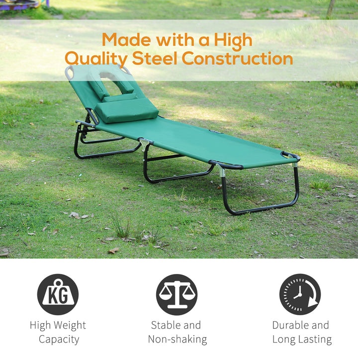 Outsunny Folding Outdoor Lounge Chair, Portable Reclining Beach Lounger with Face Hole, Detachable Pillow, 3-Position Adjustable Backrest, For Patio, Garden, Poolside, Green