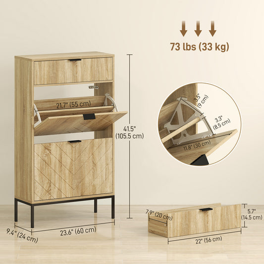 HOMCOM Narrow Shoe Storage Cabinet with Flip Drawers, Shoe Cabinet with Adjustable Shelves, Sliding Drawer, Holds 8 Pairs, Oak