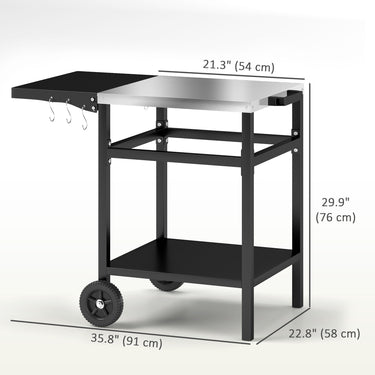 Outsunny Outdoor Grill Dining Cart with Stainless Steel Top and Foldable Side Table, BBQ Movable Pizza Oven Stand Food Prep Table Trolley with Hooks Shelf Cover, Black