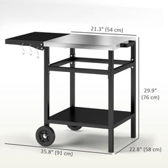 Outsunny Outdoor Grill Dining Cart with Stainless Steel Top and Foldable Side Table, BBQ Movable Pizza Oven Stand Food Prep Table Trolley with Hooks Shelf Cover, Black