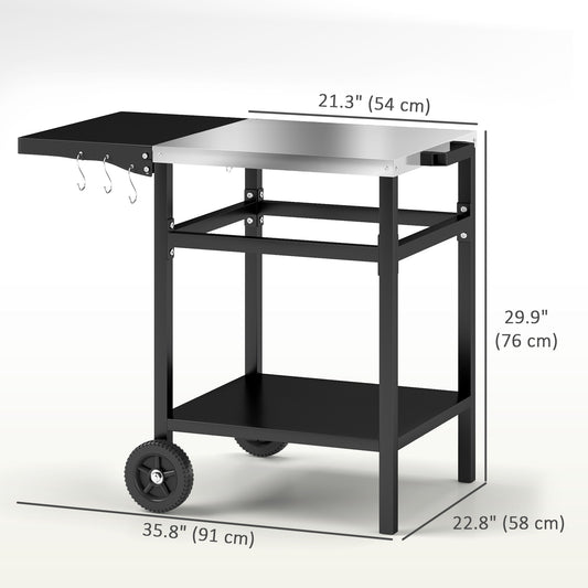 Outsunny Outdoor Grill Dining Cart with Stainless Steel Top and Foldable Side Table, BBQ Movable Pizza Oven Stand Food Prep Table Trolley with Hooks Shelf Cover, Black