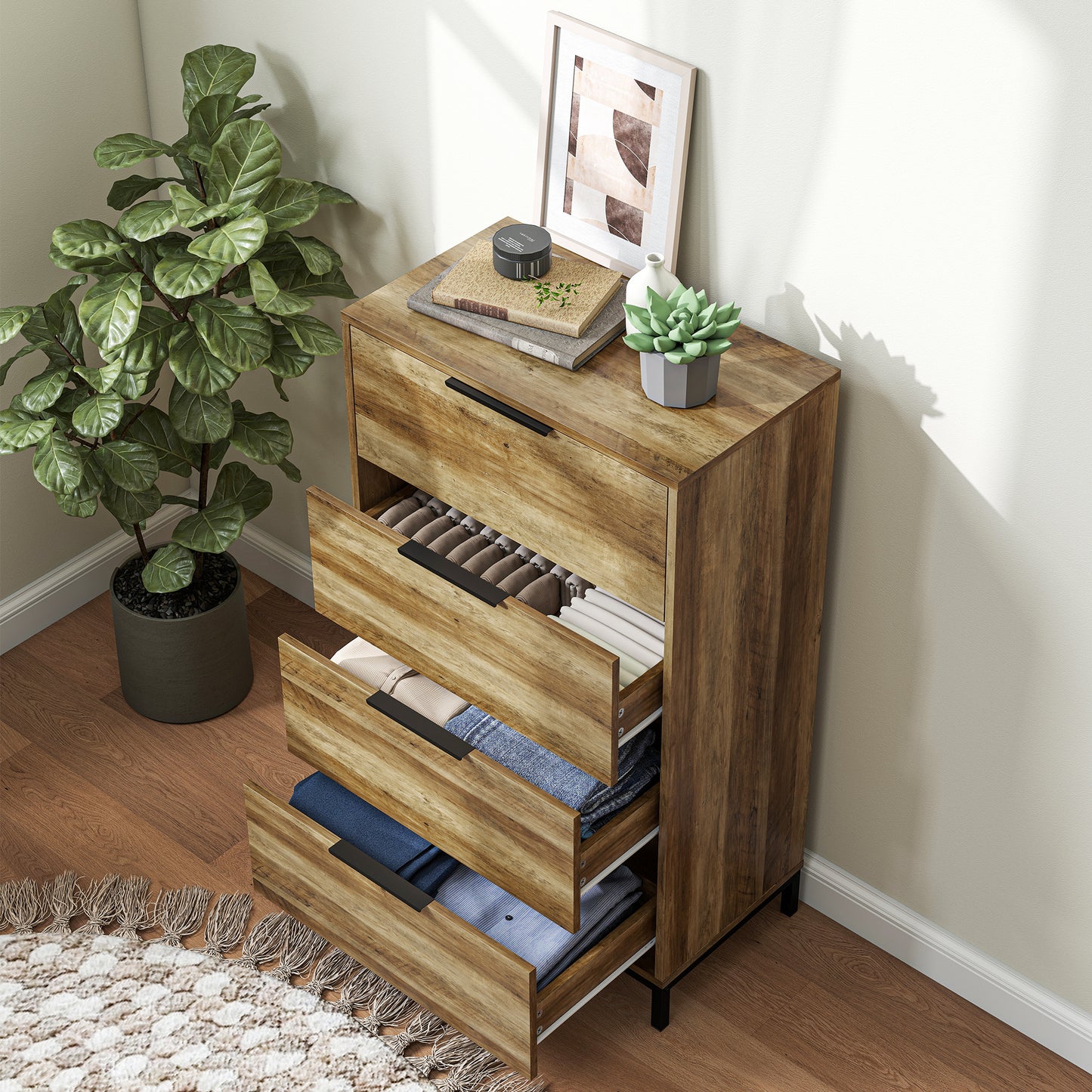 HOMCOM Dresser for Bedroom, 4 Drawer Dresser Tower, Chest of Drawers for Hallway, Entryway, Closet, Natural