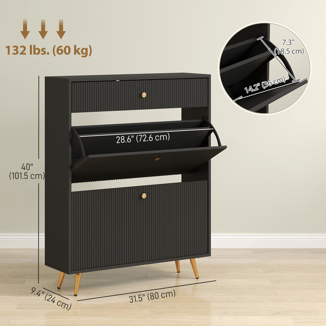 HOMCOM Narrow Shoe Storage Cabinet with Wave-like Panels and Adjustable Shelves for 12 Pairs of Shoes, Black