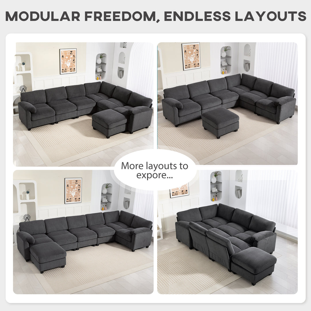 HOMCOM Modular Sectional Sofa, Oversized U-Shaped Couch with Spring Cushion, Corduroy Sofa for Living Room, Charcoal Grey