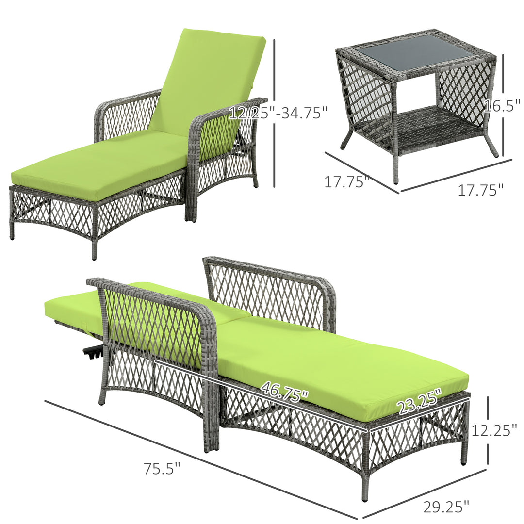 Outsunny 2 Pieces Wicker Patio Lounge Set w/ Cushions, Outdoor PE Rattan Sun Lounger Sets w/ 5-Level Reclining Chaise Chair & Two-tier Glass Top Coffee Table, Cream White