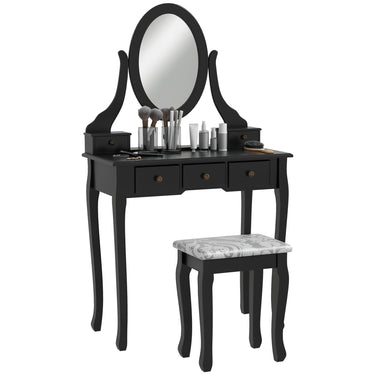 HOMCOM Vanity Desk with Stool, Makeup Vanity with 360Â° Rotating Oval Mirror, 5 Drawers and Padded Seat, Dressing Table for Bedroom, Black
