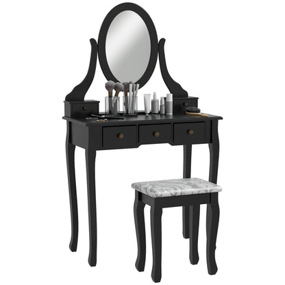 HOMCOM Vanity Desk with Stool, Makeup Vanity with 360Â° Rotating Oval Mirror, 5 Drawers and Padded Seat, Dressing Table for Bedroom, Black