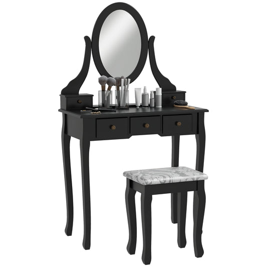 HOMCOM Vanity Desk with Stool, Makeup Vanity with 360Â° Rotating Oval Mirror, 5 Drawers and Padded Seat, Dressing Table for Bedroom, Black