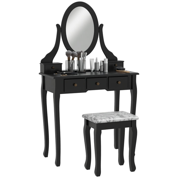 HOMCOM Vanity Table with Stool, Makeup Vanity with 360° Rotating Oval Mirror, 5 Drawers and Padded Seat, Dressing Table for Bedroom, Black