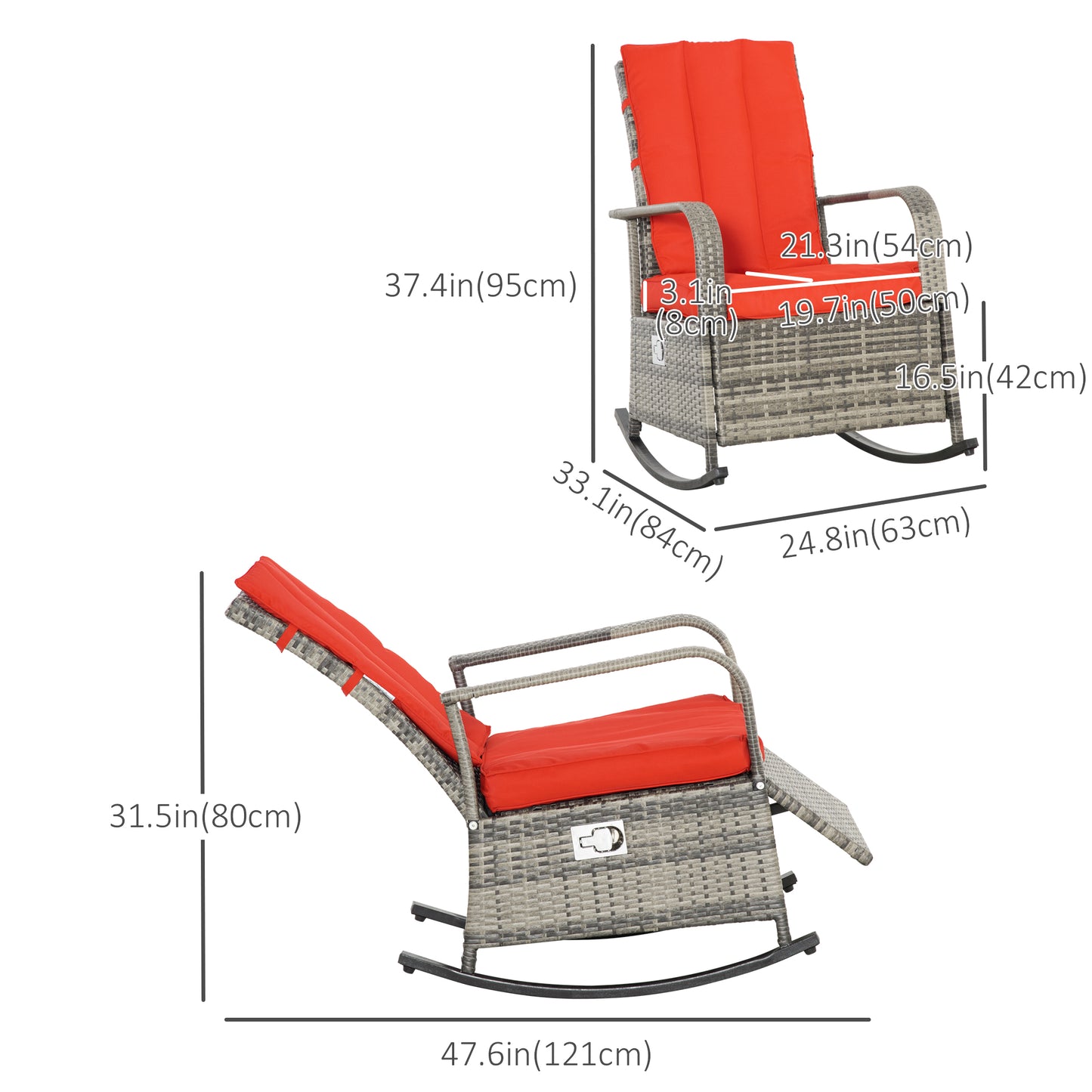 Outsunny Outdoor Wicker Rocking Chair with Cushion, Patio PE Rattan Recliner Chair with Adjustable Footrest, Armrests, Dark Blue