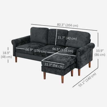 HOMCOM L Shape Sofa, Modern Sectional Couch with Changeable Chaise Lounge, Wooden Legs, Corner Sofa for Living Room, Black