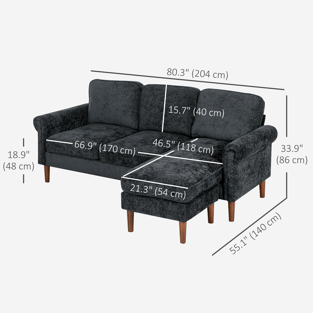 HOMCOM L Shape Sofa, Modern Sectional Couch with Changeable Chaise Lounge, Wooden Legs, Corner Sofa for Living Room, Black