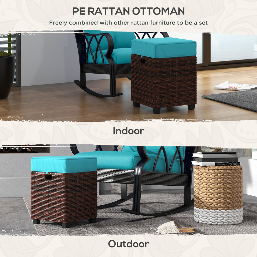 Outsunny 2 PCS Patio Wicker Ottoman Set, Square Outdoor PE Rattan Footrest with Removable Cushion for Backyard, Sky Blue