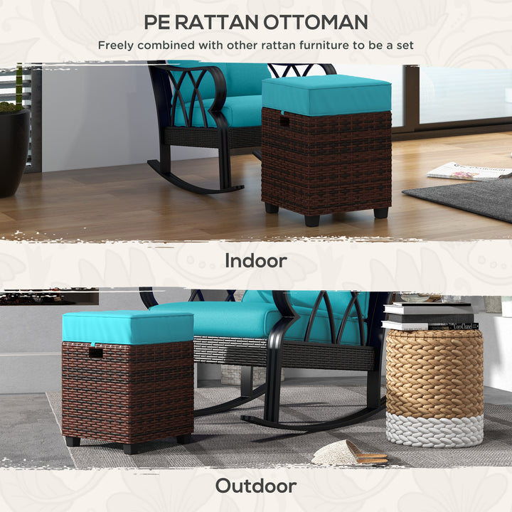 Outsunny 2 PCS Patio Wicker Ottoman Set, Square Outdoor PE Rattan Footrest with Removable Cushion for Backyard, Sky Blue