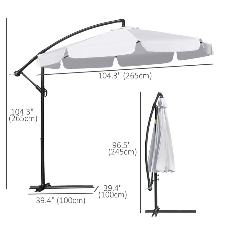 Outsunny 9FT Offset Hanging Patio Umbrella Cantilever Umbrella with Easy Tilt Adjustment, Cross Base and 8 Ribs for Backyard, Poolside, Lawn and Garden, White