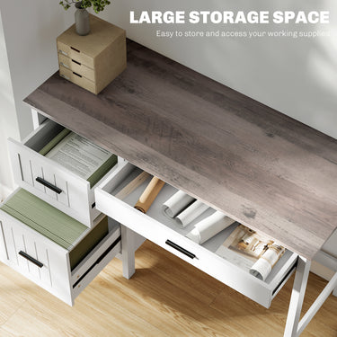 HOMCOM Computer Desk with 3 Drawers, Farmhouse Home Office Desk with File Drawer and Wood Grain Top for Small Spaces, White