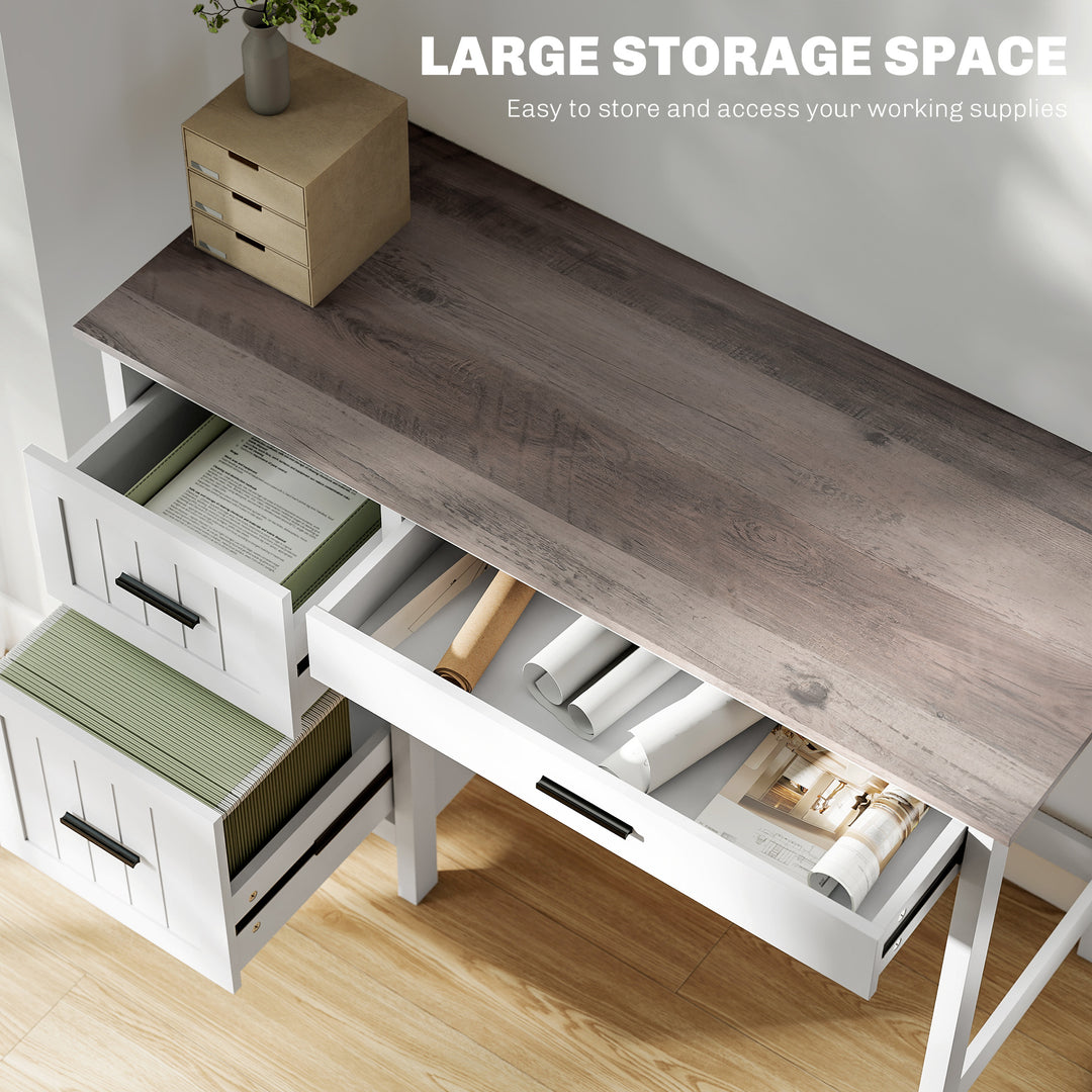 HOMCOM Computer Desk with 3 Drawers, Farmhouse Home Office Desk with File Drawer and Wood Grain Top for Small Spaces, White
