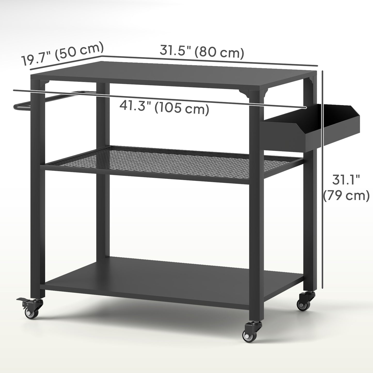 Outsunny 3-Shelf Outdoor Grill Cart Table with Foldable Side Table and Stainless Steel Table Top, Pizza Oven Stand on Wheels
