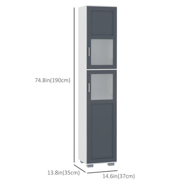kleankin 75" Tall Bathroom Storage Cabinet, Narrow Bathroom Cabinets with Matte Glass Doors and 5-tier Shelving, White & Grey