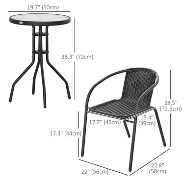 Outsunny 3 Pieces Outdoor Wicker Furniture Set with 2 Stackable Chairs, Tempered Glass Coffee Table for Garden, Backyard, Black