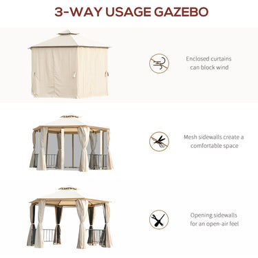 Outsunny 13ft Hexagon Gazebo Outdoor Canopy Shelter with Netting and Shaded Curtains Beige