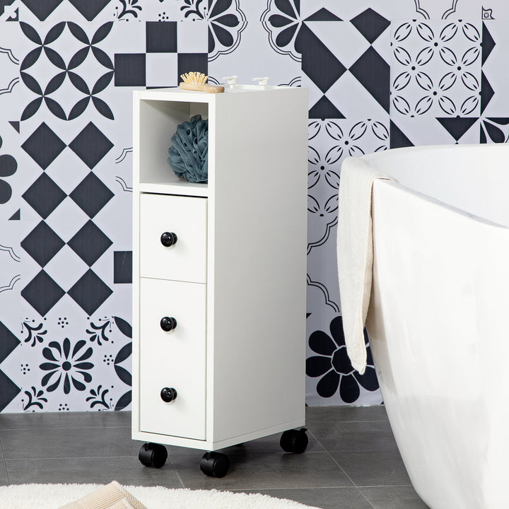 kleankin Slim Bathroom Cabinet with Wheels, Narrow Bathroom Storage Cabinet with Door, Drawer and 2 Open Compartments, White