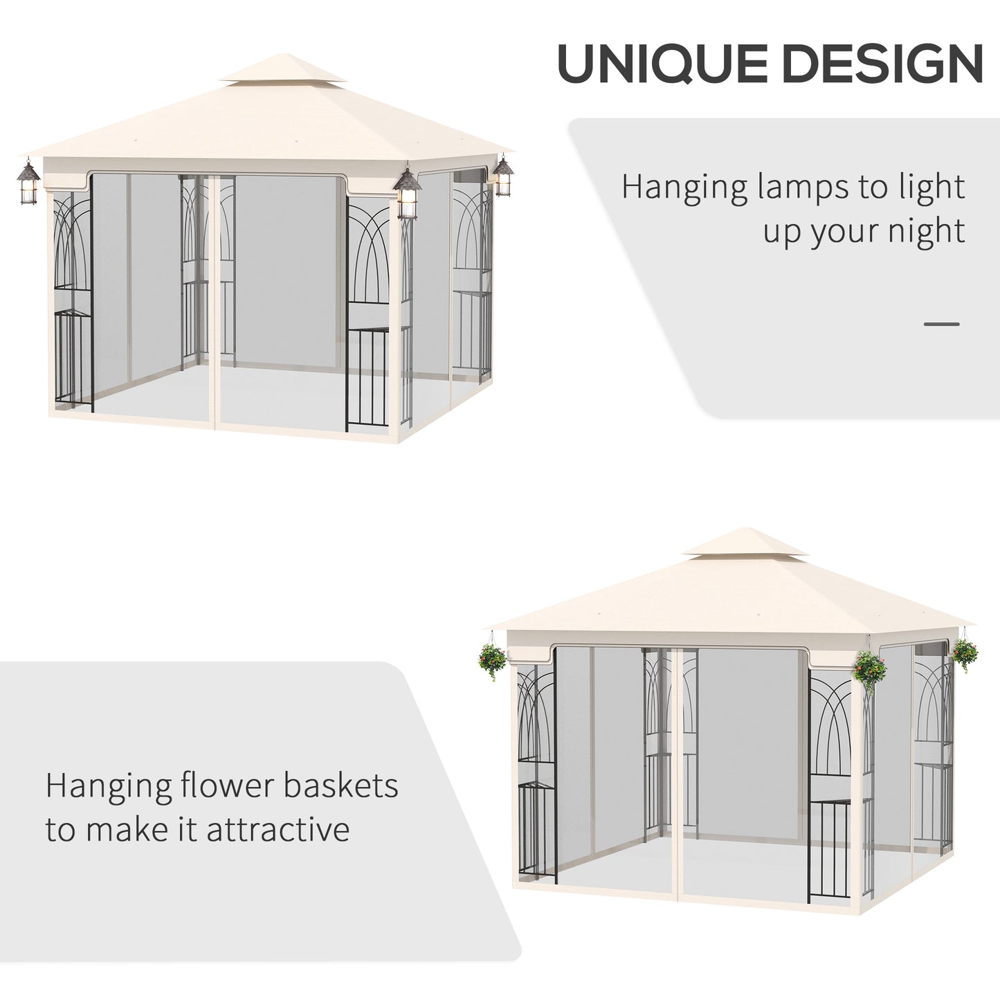 Outsunny 10'x10' Soft-top Patio Gazebo with Double Tier Roof, Mesh Curtains, Display Shelves, Top Hooks, Cream
