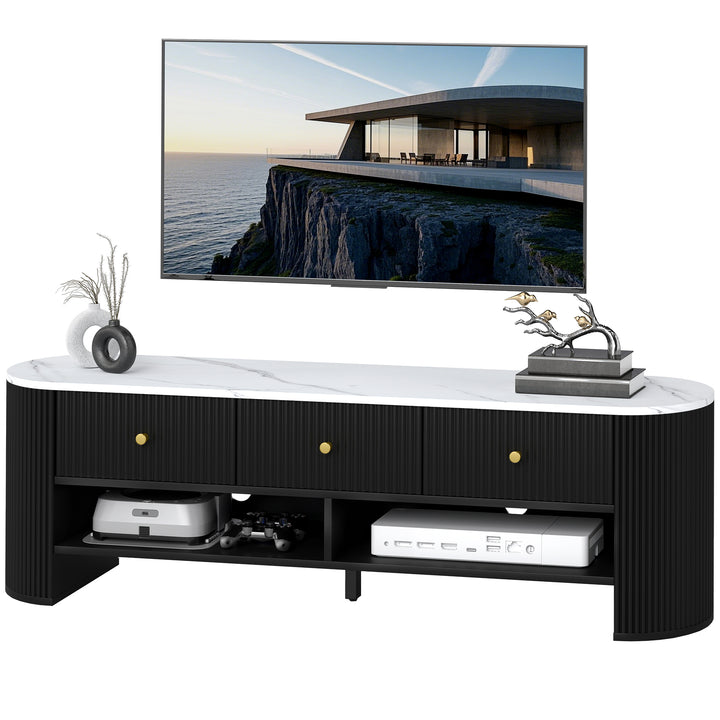 HOMCOM TV Stand, Modern TV Table with Marble-Effect Top, 3 Drawers and 2 Open Shelves for 32-65 Inch Television, Natural