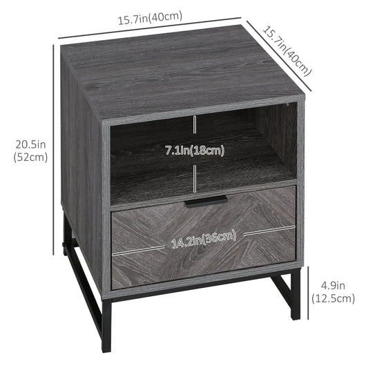 HOMCOM Modern Bedside Table with Drawer and Open Shelf, Sofa Side Table for Bedroom Living Room, Dark Grey