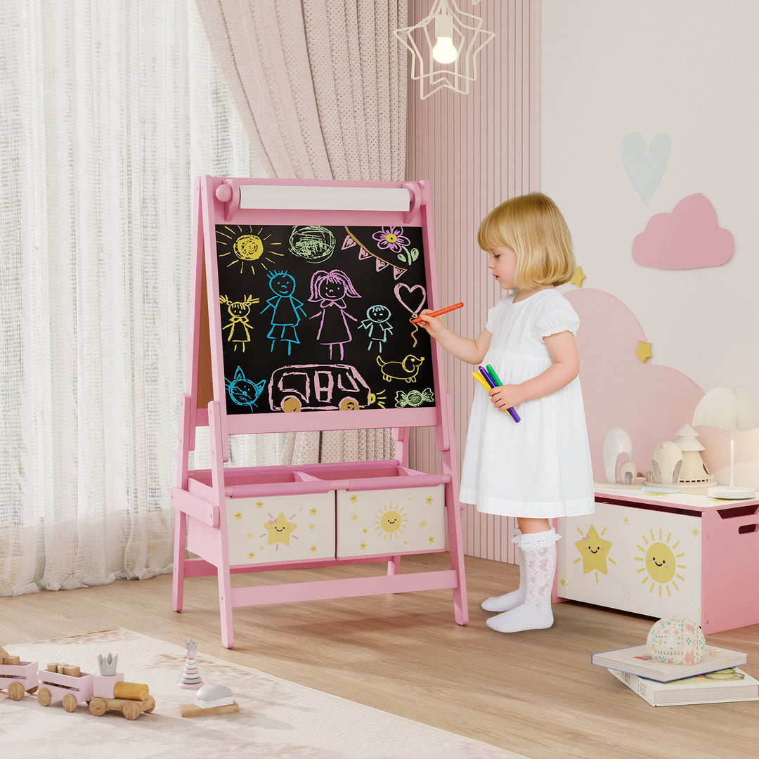Qaba Art Easel for Kids, Double-Sided Whiteboard & Chalkboard with Paper Roll, 2 Storage Boxes, Gift for Boys, Girls, Pink