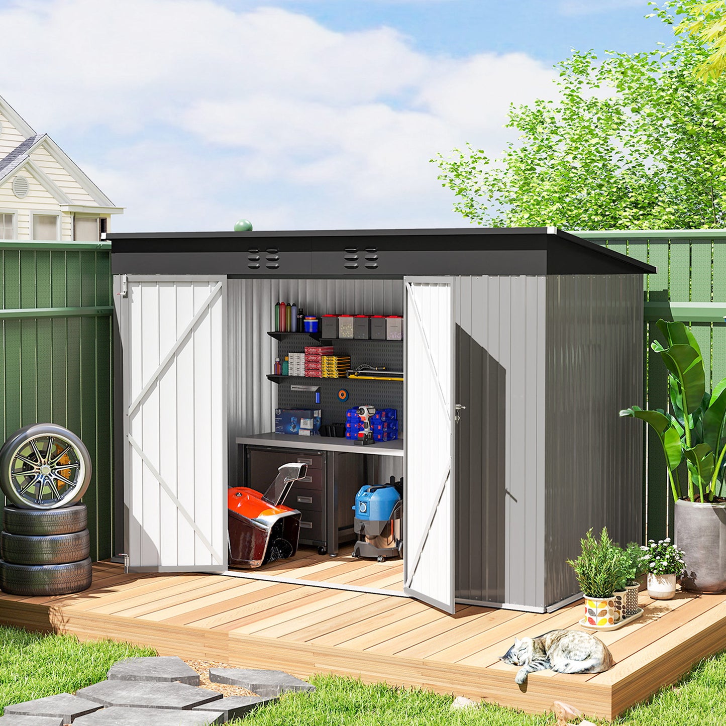 Outsunny 9' x 4' Galvanized Steel Garden Storage Shed with Lockable Doors, Gloves and 2 Air Vents for Backyard, Patio, Lawn