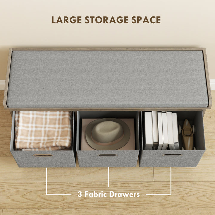 HOMCOM Shoe Storage Bench with Seat, Entryway Bench Seat with Cushion, 3 Fabric Drawers for Hallway, Grey