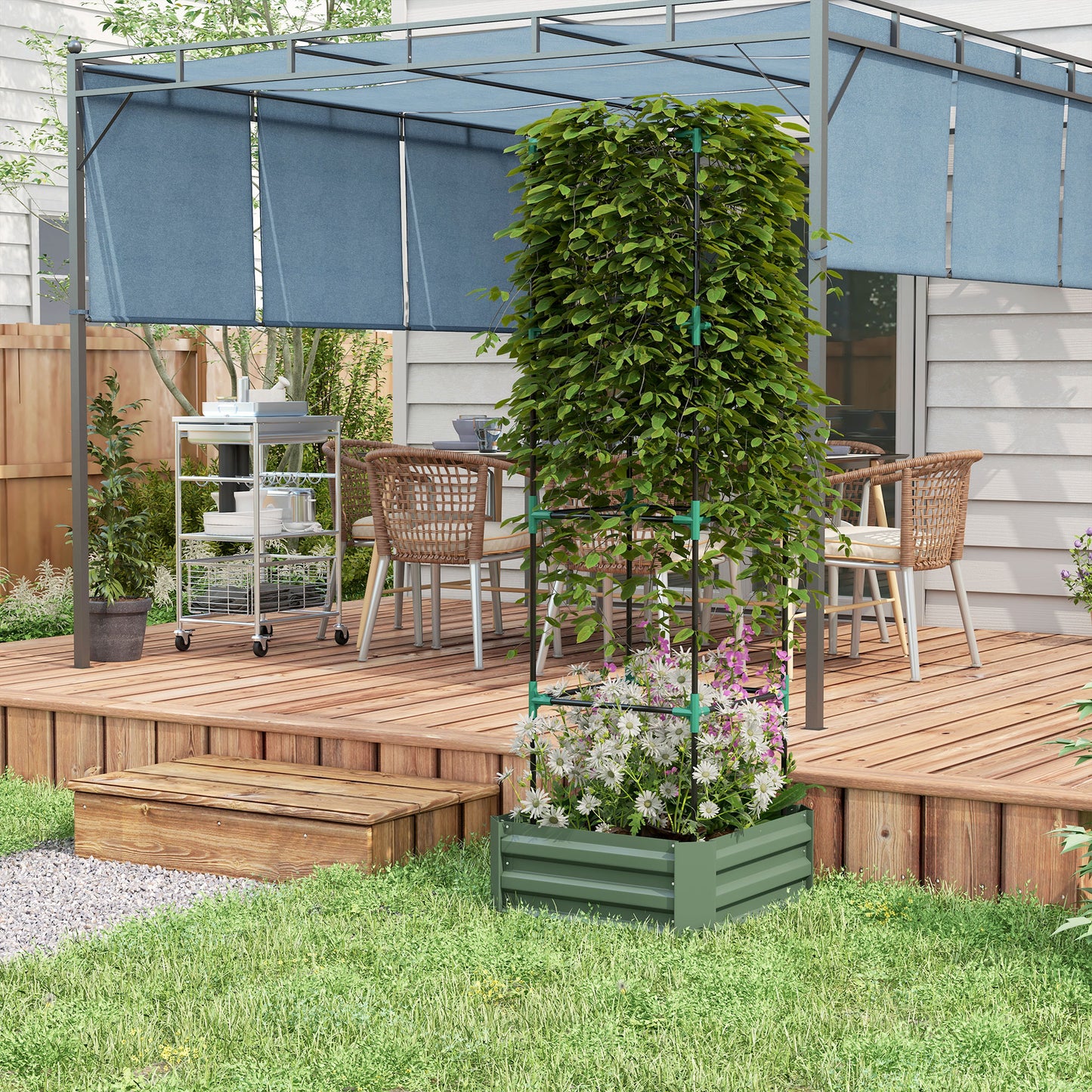 Outsunny Galvanized Planter Box, Outdoor Raised Garden Bed with 4-Tier Trellis Tomato Cage for Climbing Vines, Vegetables, Green