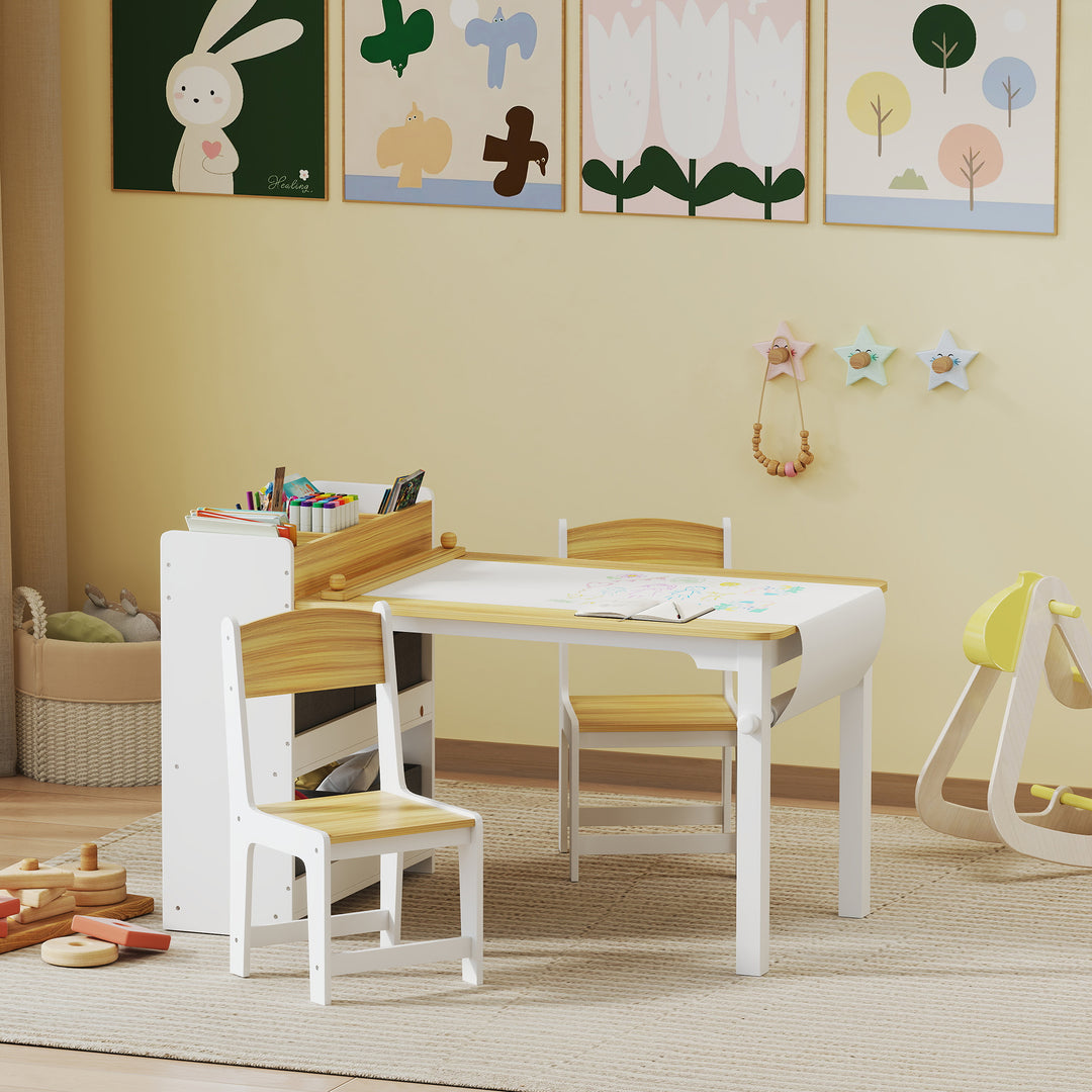 Qaba Kids Table and Chairs Set, Toddler Art Table and Chair Set with Paper Roll, Storage Shelves and Drawers, Grey