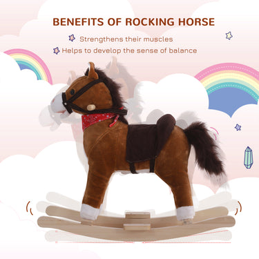 Qaba Kids Plush Ride On Rocking Horse Child Animal Adventure Rocker Chair Playtime Toy with Sound Scarf Included Red Brown